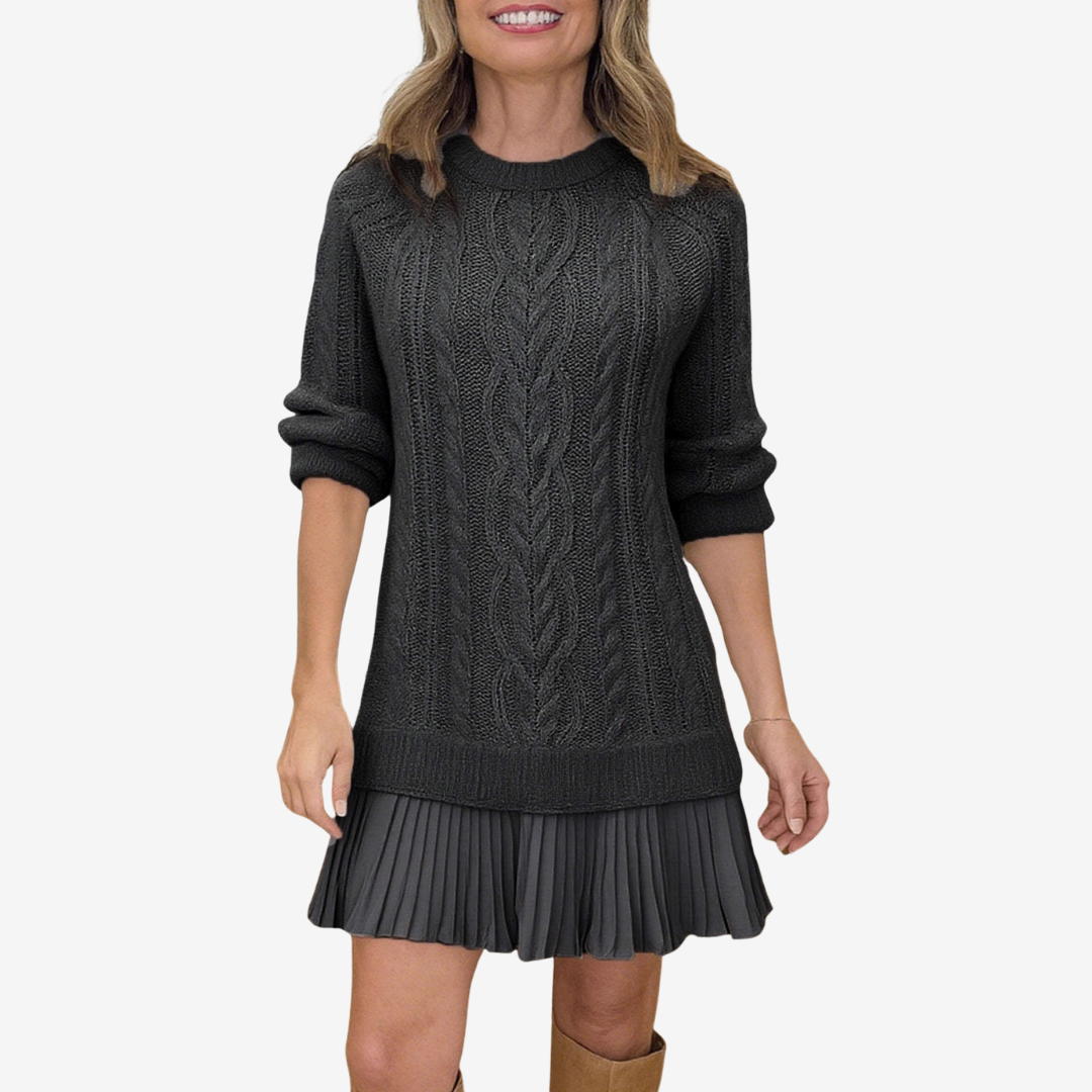 Cable Knit Sweater Dress with Layered Hem