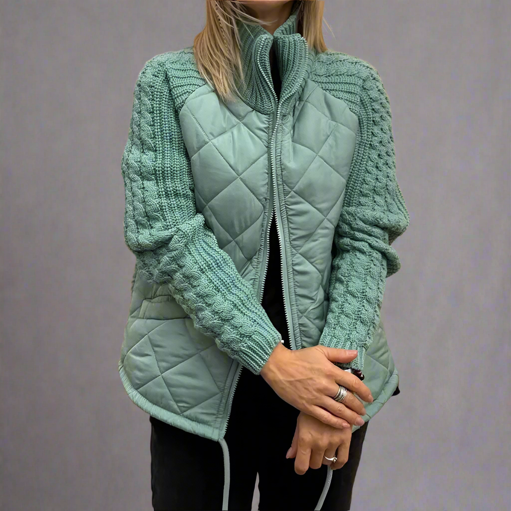 Women’s Quilted Knit-Sleeve Zip Jacket – Cozy Lightweight Casual Coat