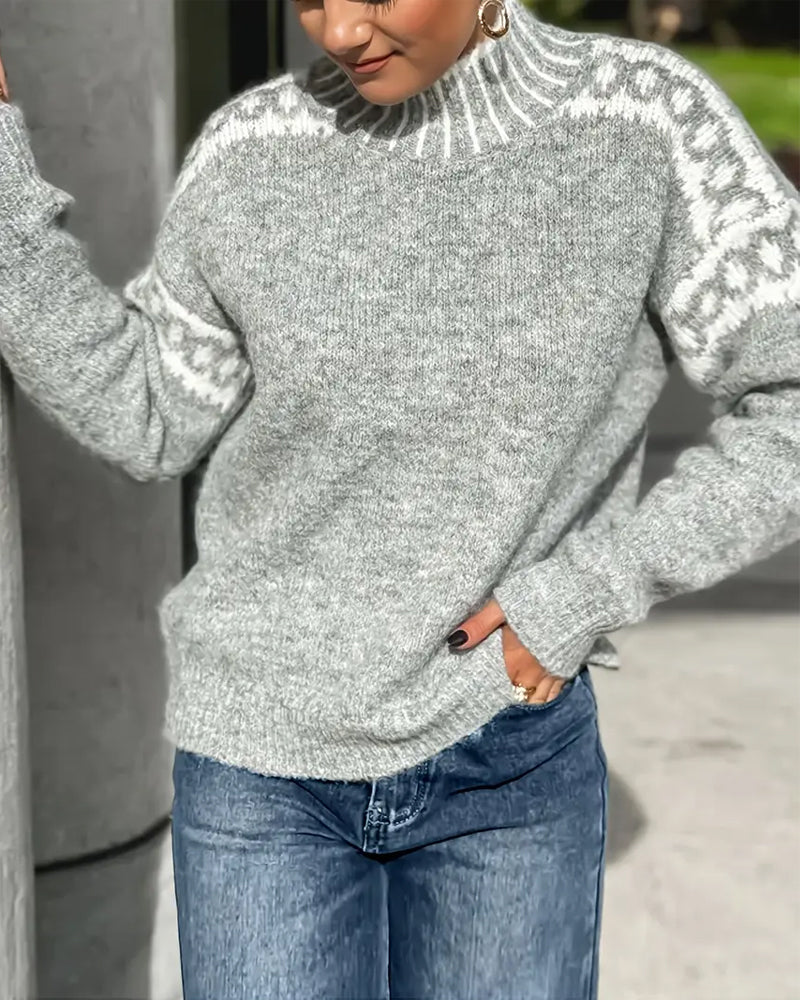 High Neck Patterned Knit Long Sleeve Sweater