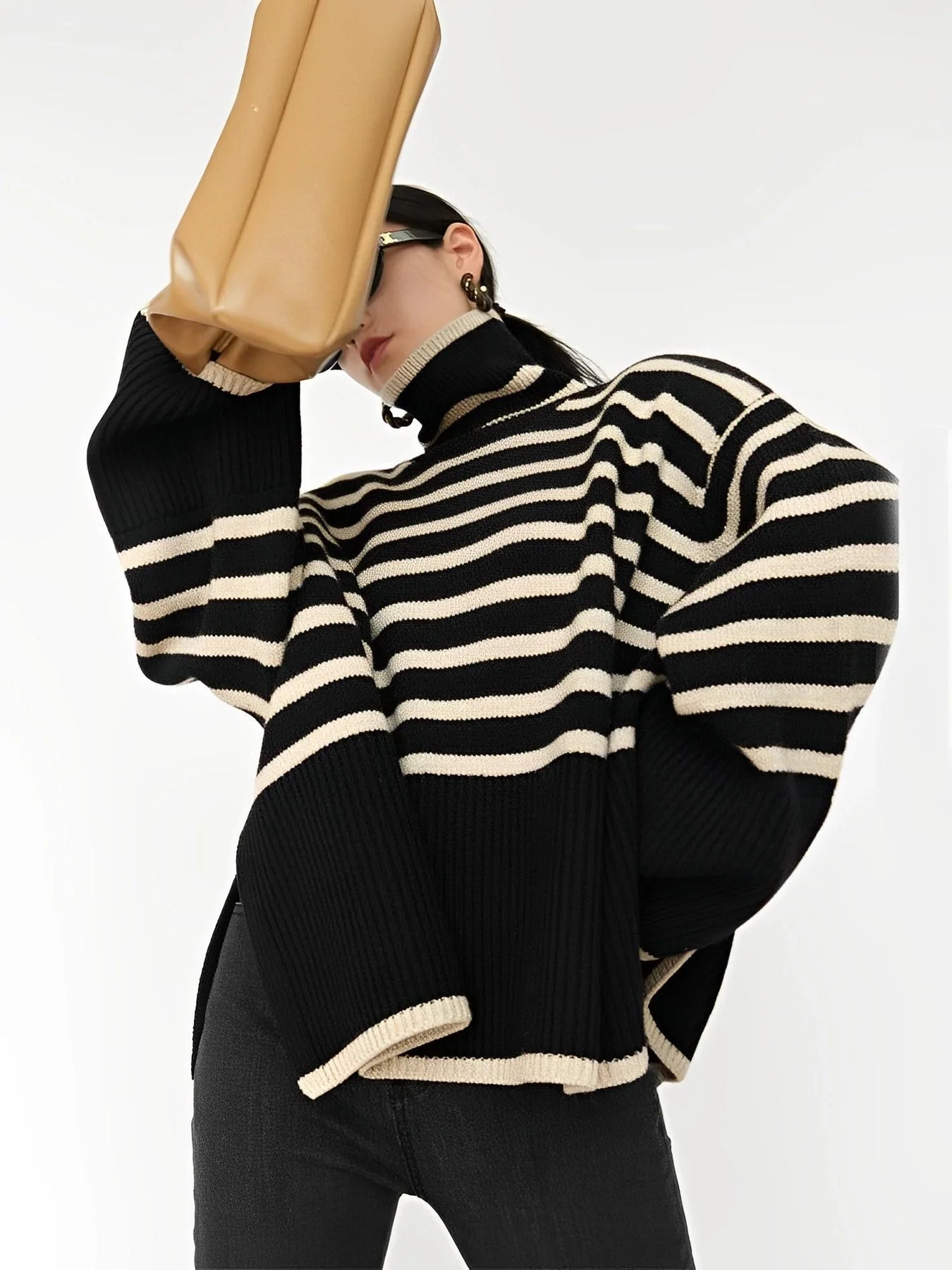 Striped Turtleneck Oversized Knit Sweater – Cozy Winter Pullover