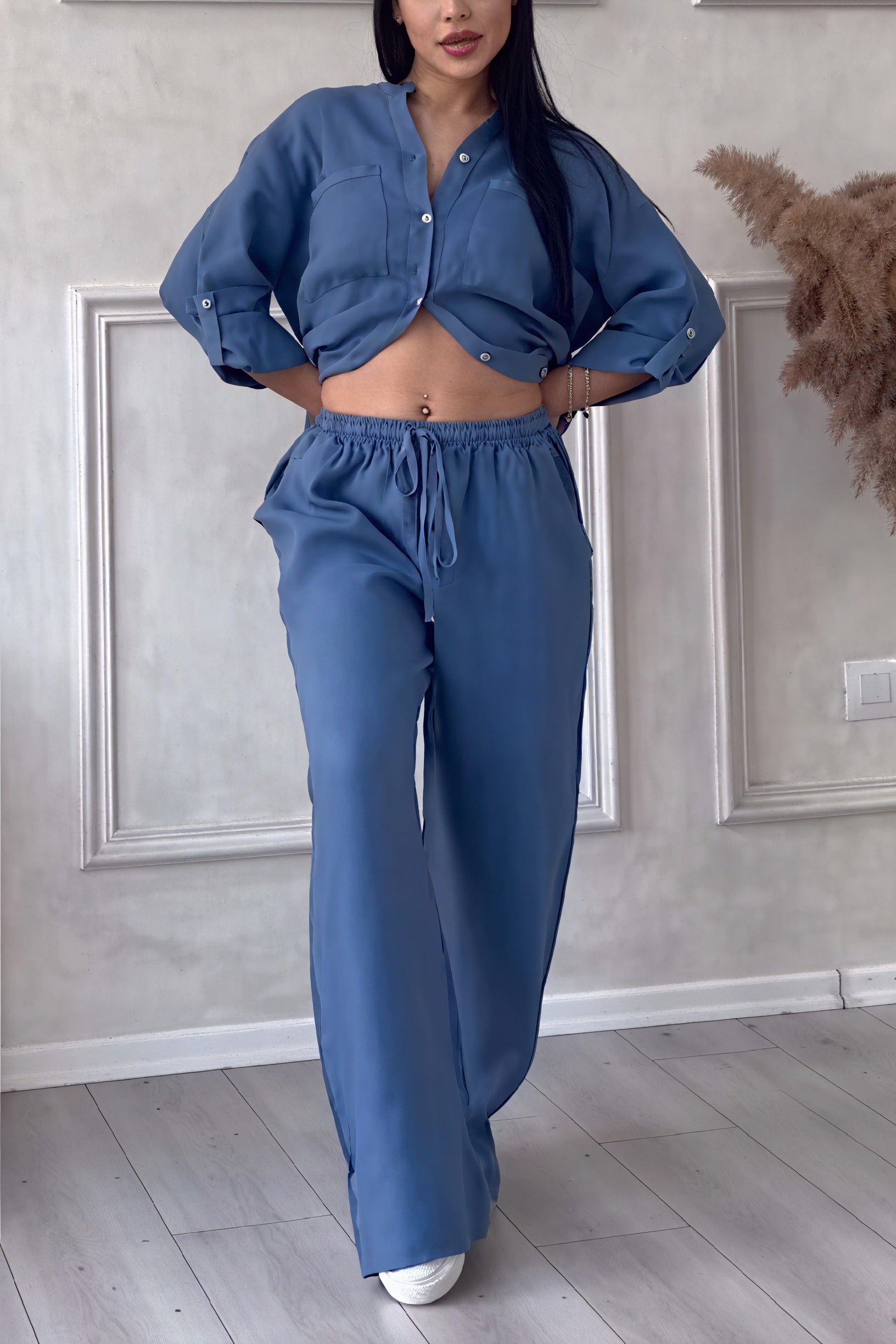 Casual Two-Piece Button-Up Shirt and Wide-Leg Pants Set