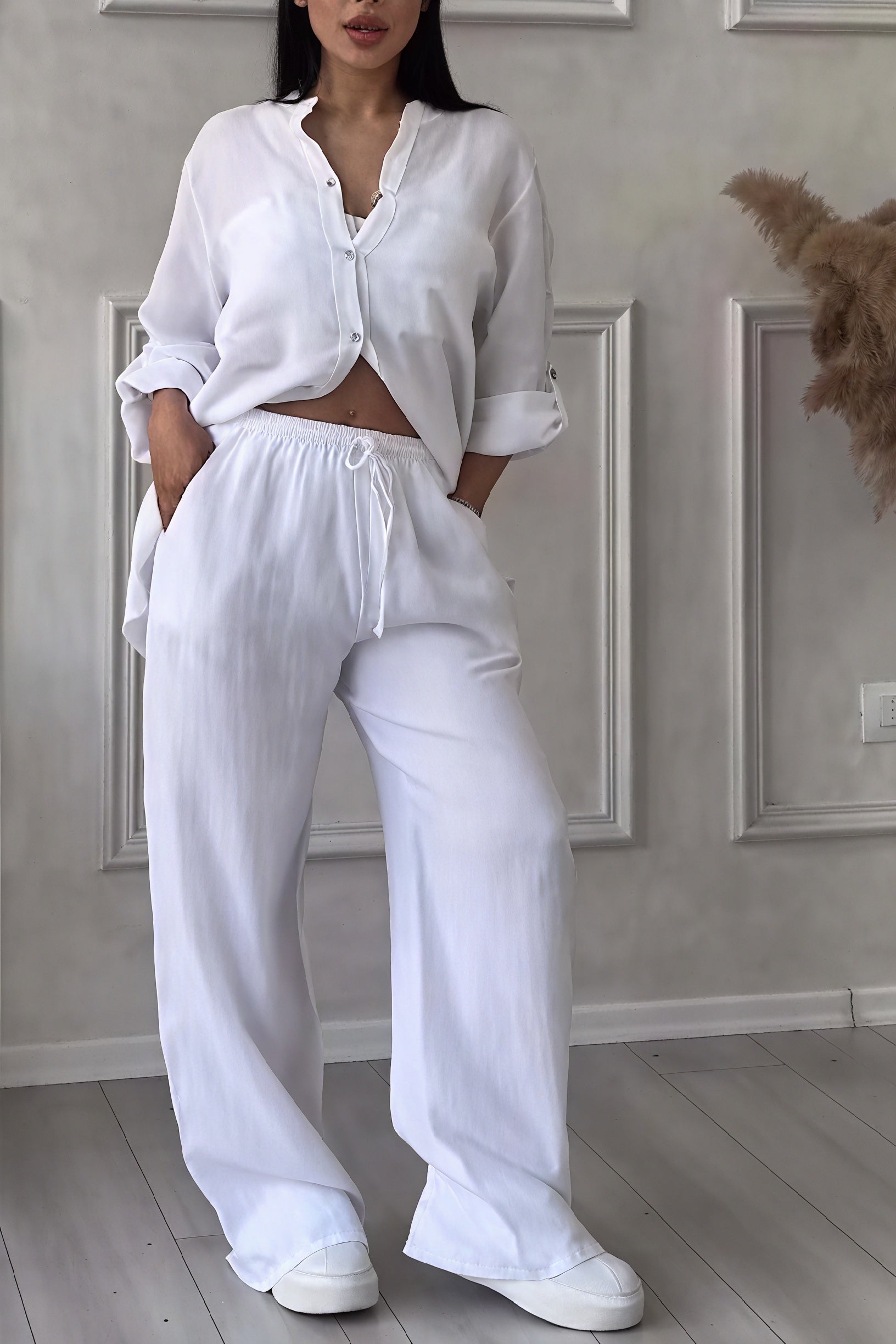 Casual Two-Piece Button-Up Shirt and Wide-Leg Pants Set