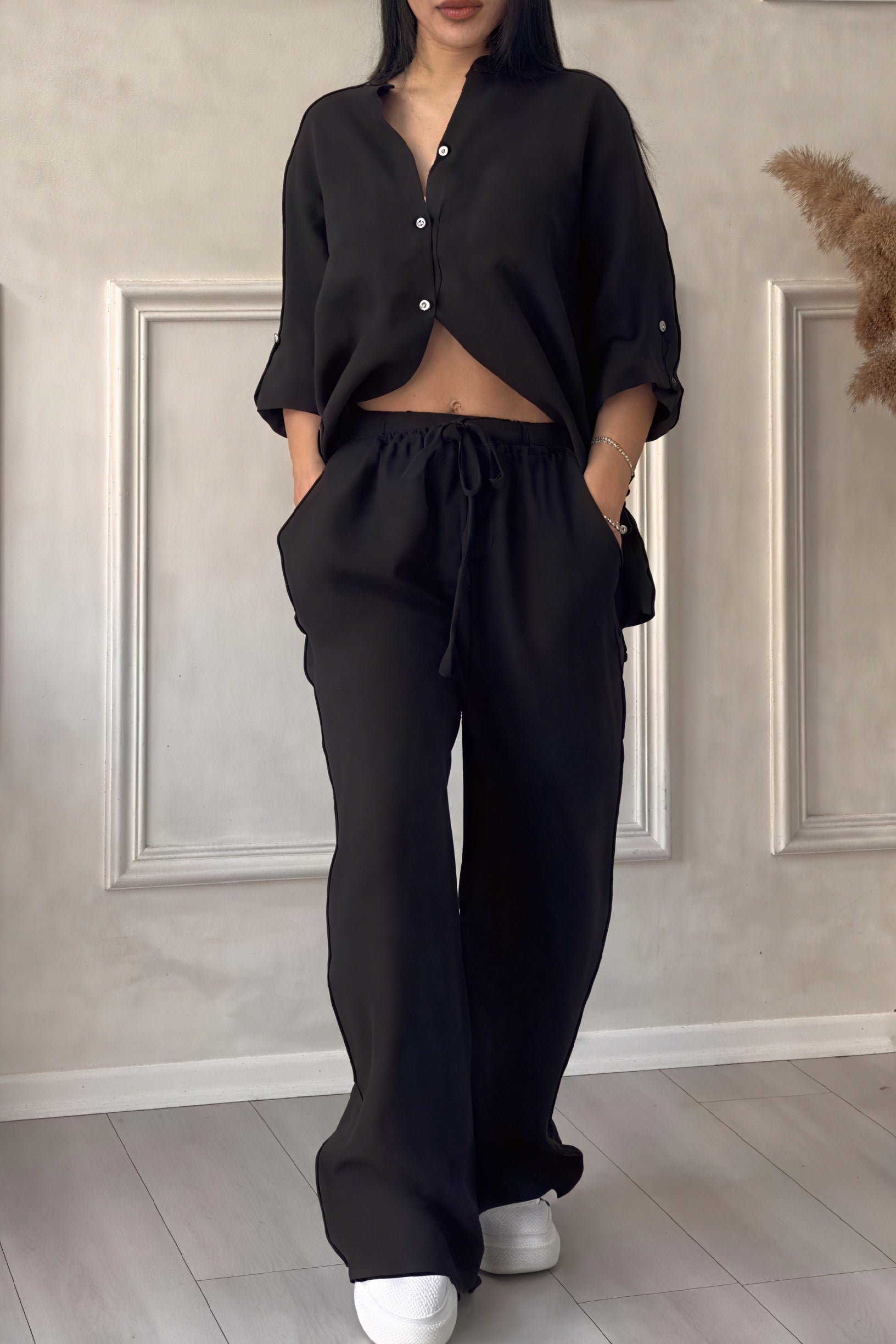 Casual Two-Piece Button-Up Shirt and Wide-Leg Pants Set