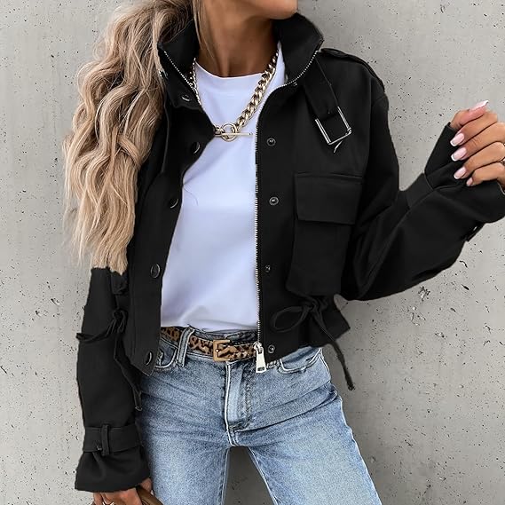 Cropped Utility Jacket for Women with Pockets
