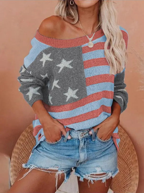 Off-Shoulder American Flag Knit Sweater for Casual Style