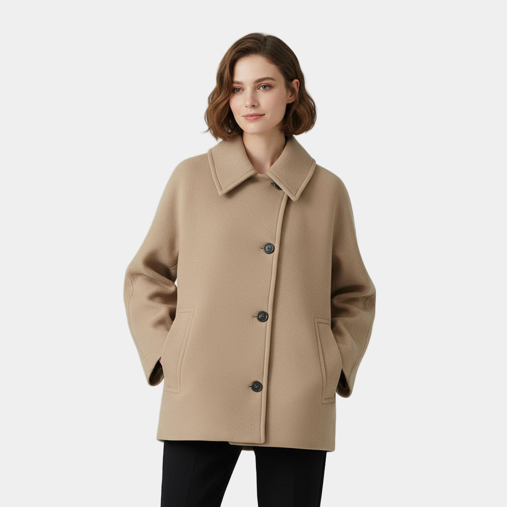 Women’s Minimalist Wool Blend Short Coat with Button Front