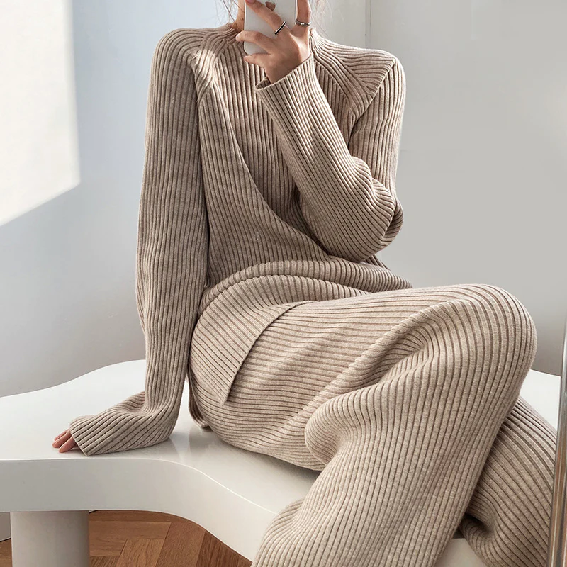 Cozy Ribbed Knit Two-Piece Sweater and Wide-Leg Pants Set
