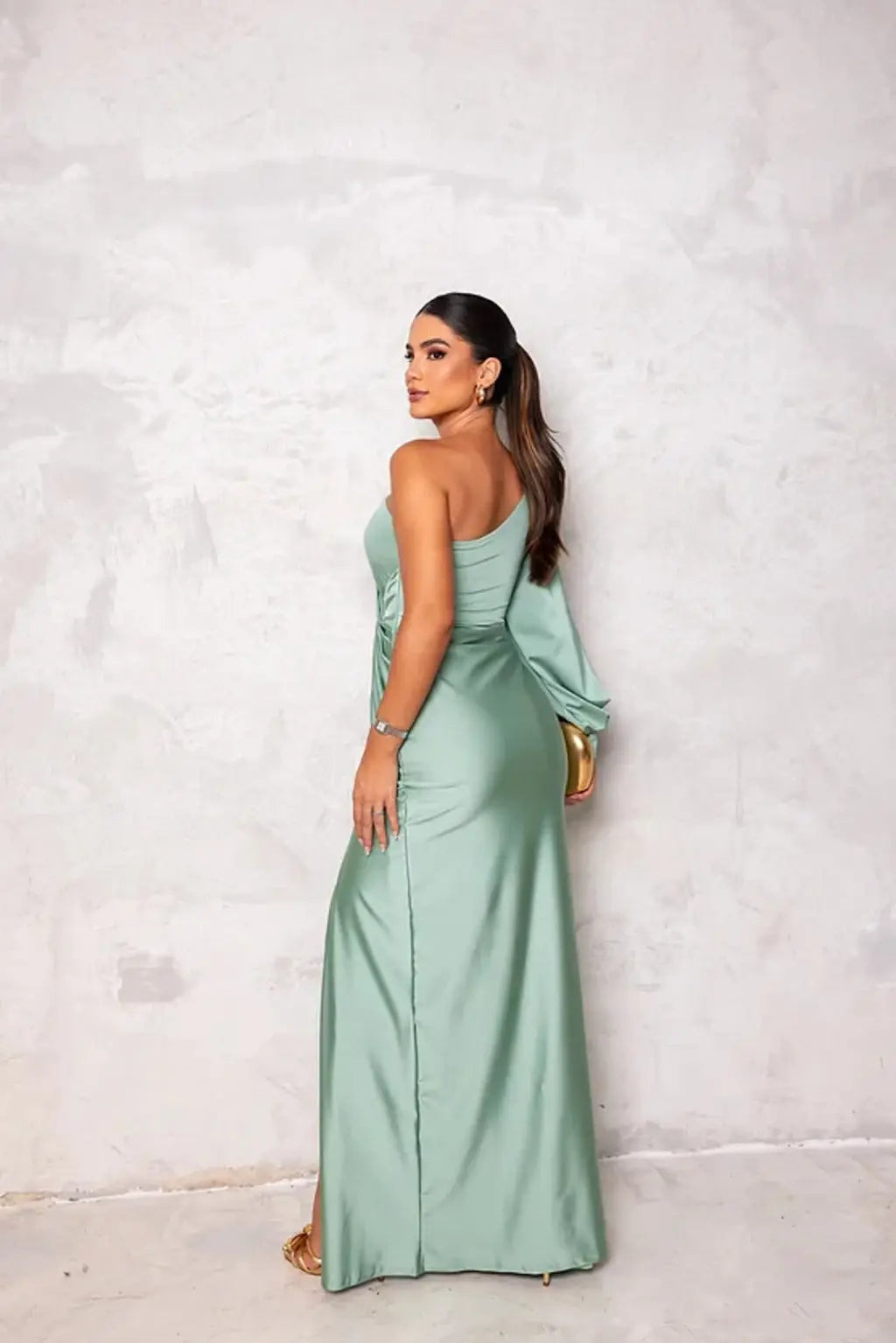 One Shoulder Satin Draped Maxi Evening Dress