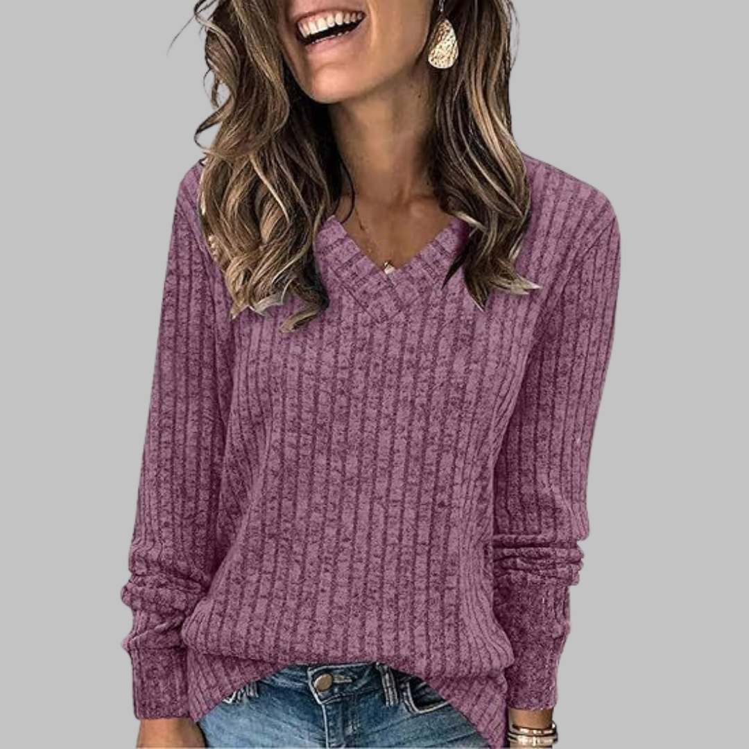 Ribbed V-Neck Long Sleeve Knit Top