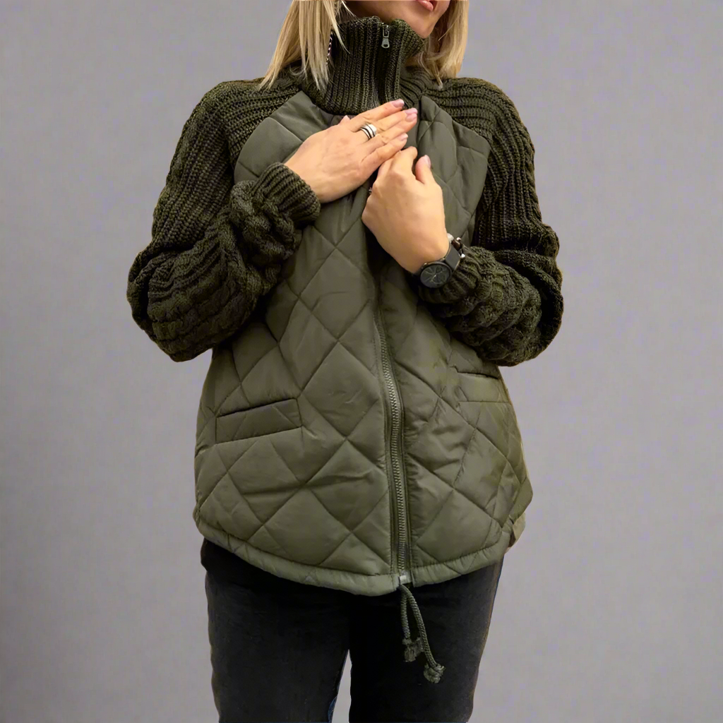 Women’s Quilted Knit-Sleeve Zip Jacket – Cozy Lightweight Casual Coat