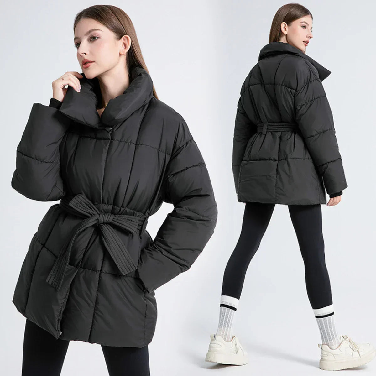 Belted High-Neck Puffer Winter Jacket