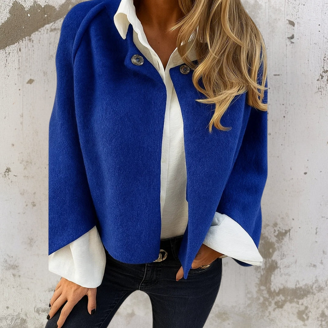 Cozy Button-Front Wool-Blend Cape Jacket