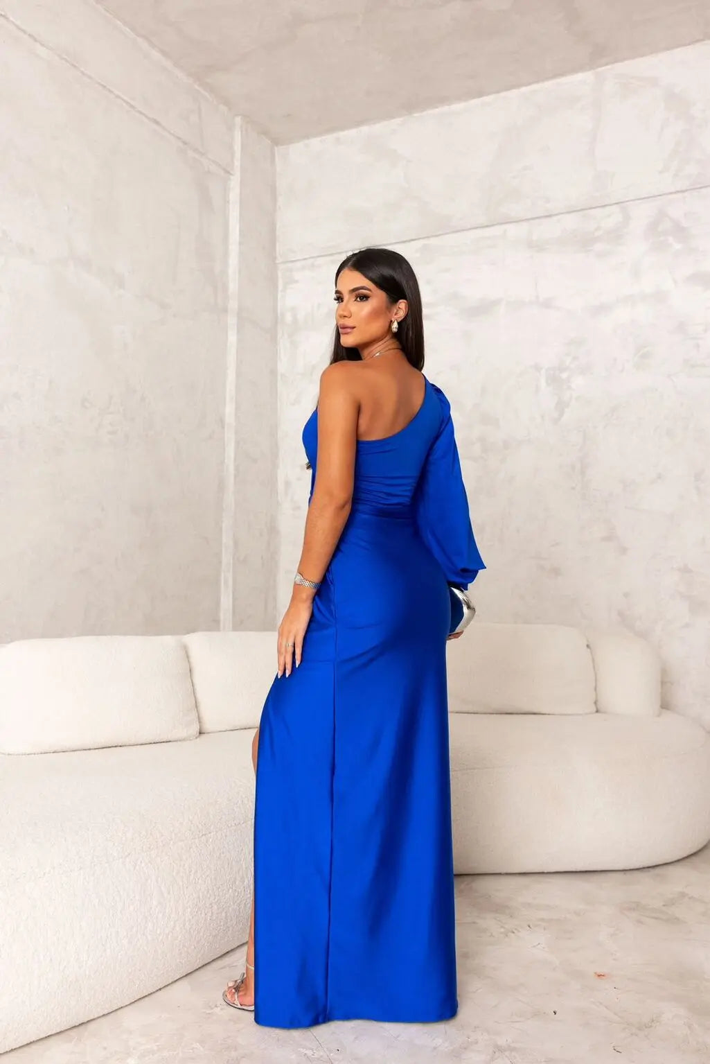 One Shoulder Satin Draped Maxi Evening Dress
