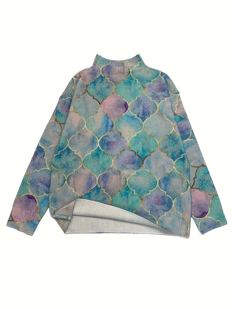 Geometric Metallic Accent Knit Turtleneck Sweater