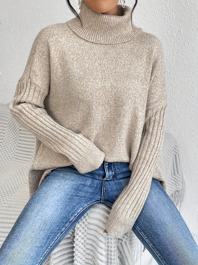 Relaxed Turtleneck Knit Sweater with Side Slit Detail