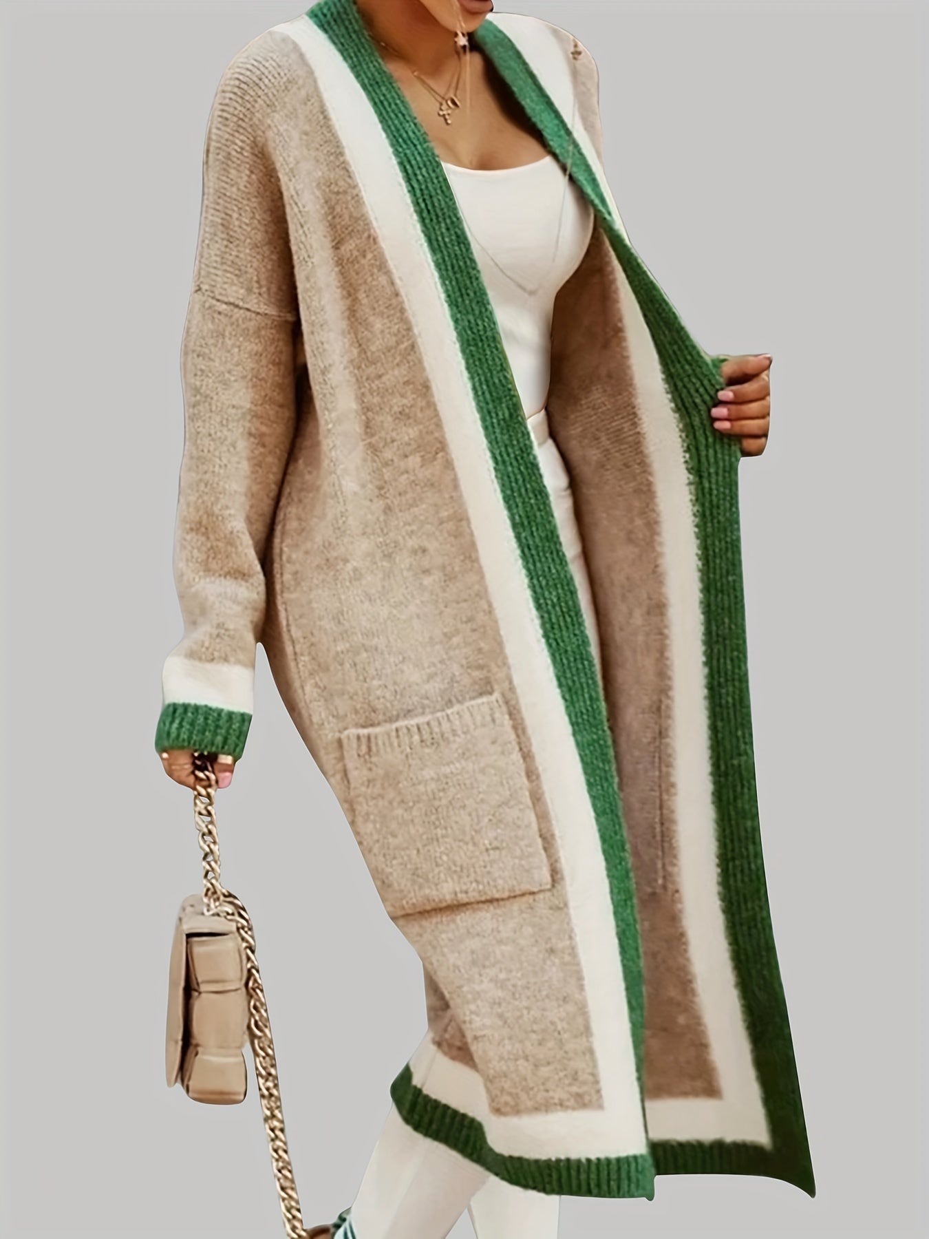 Women’s Long Striped-Trim Open-Front Knit Cardigan