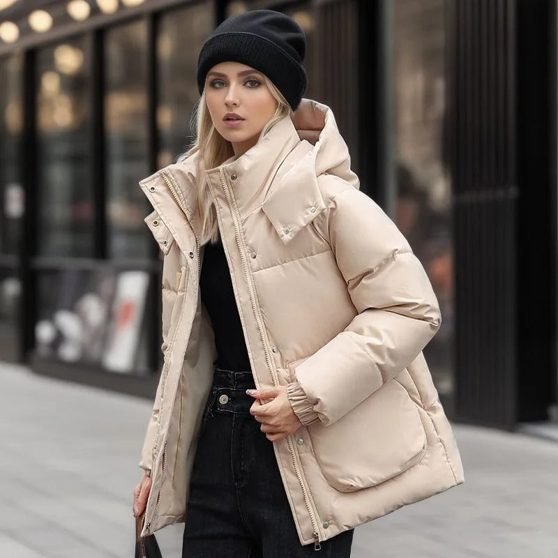 Women’s Short Puffer Jacket with Warm Insulation and Hood