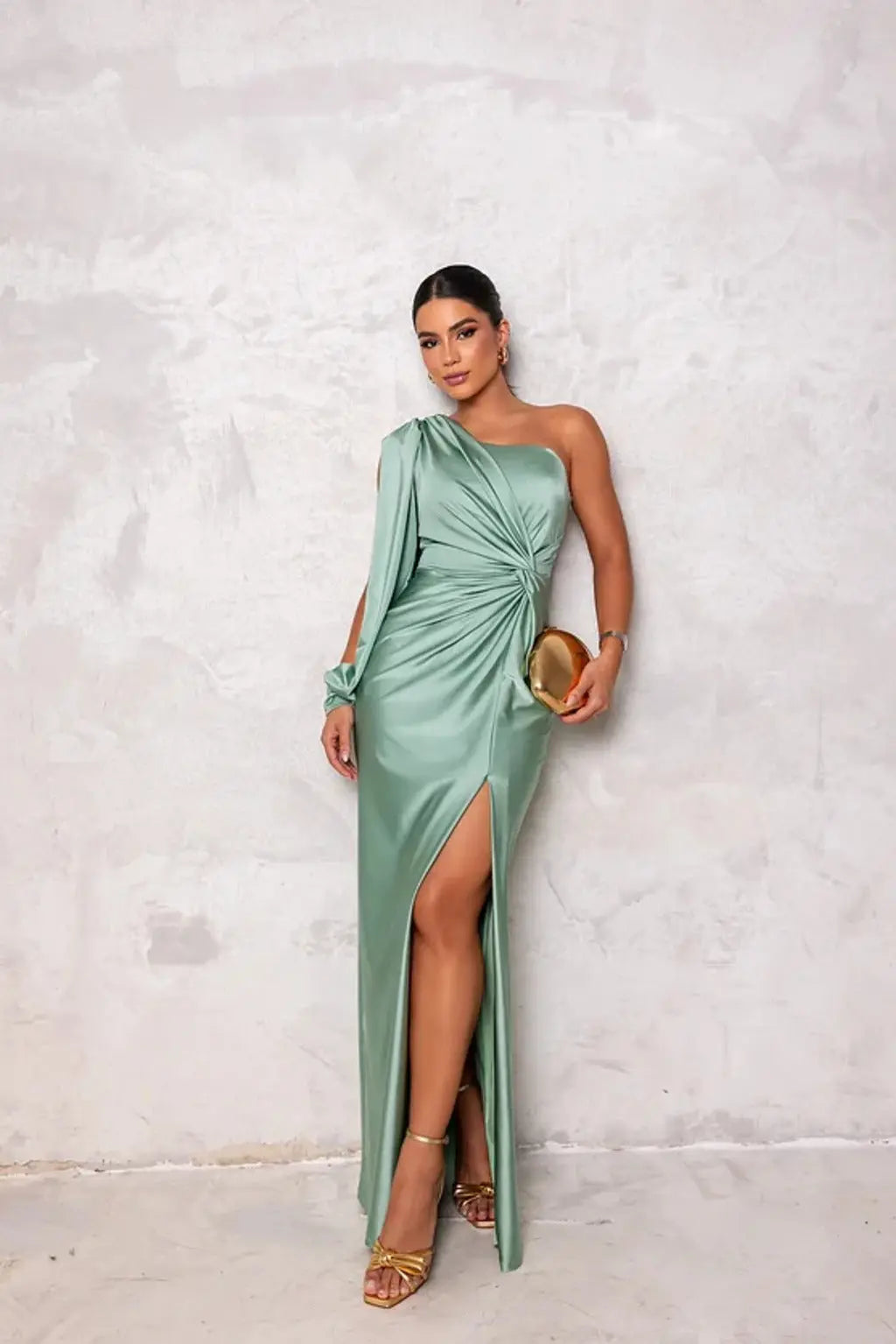 One Shoulder Satin Draped Maxi Evening Dress