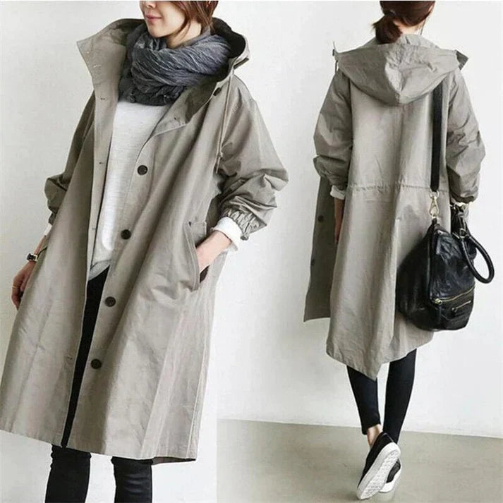 Women’s Long Hooded Button Coat – Lightweight Casual Oversized Jacket