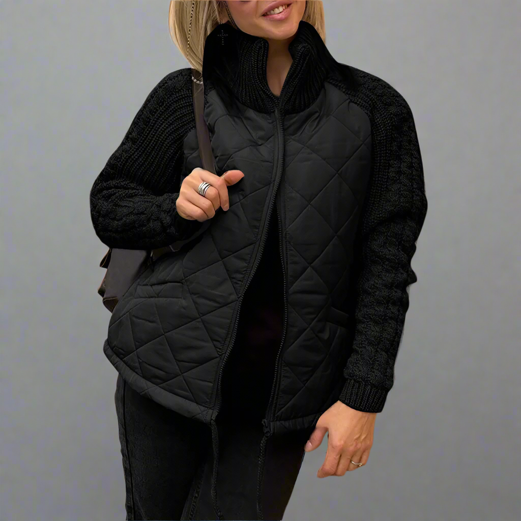 Women’s Quilted Knit-Sleeve Zip Jacket – Cozy Lightweight Casual Coat