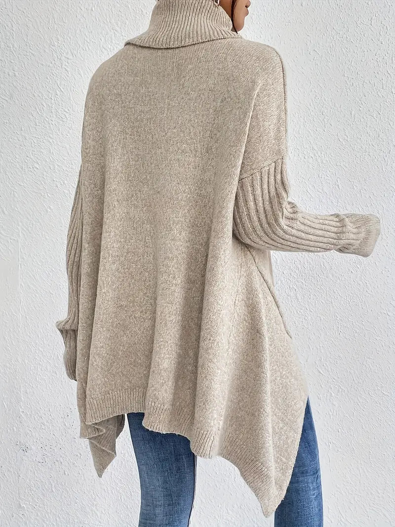 Relaxed Turtleneck Knit Sweater with Side Slit Detail