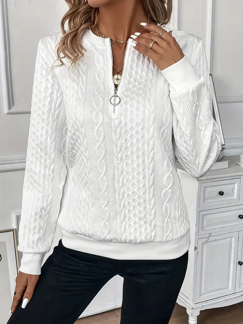 Zip Neck Cable Knit Long Sleeve Top for Casual Style