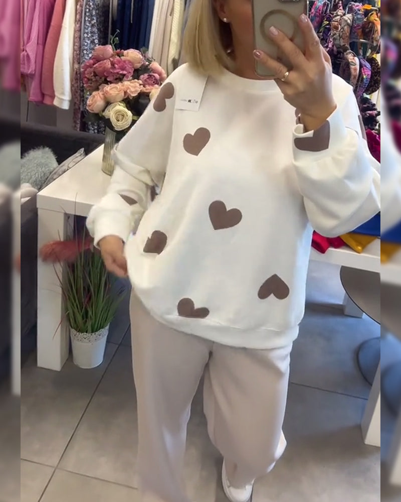 Heart Print Knit Sweatshirt and Lounge Pants Set