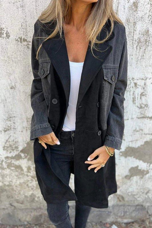 Longline Denim Coat with Contrast Lapel and Button Front