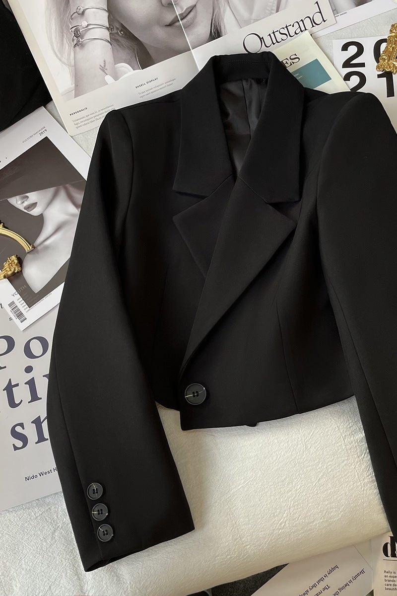 Cropped Tailored Blazer with Notched Lapel and Button Cuffs