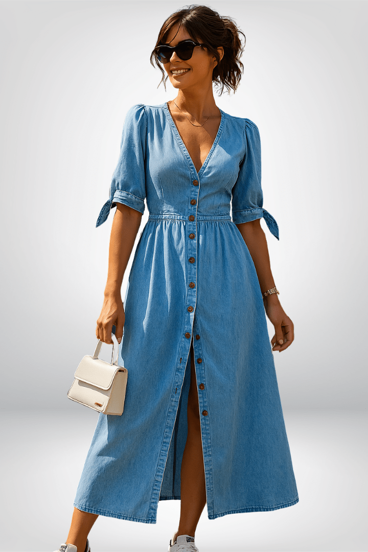 Button Front Denim Midi Dress with V-Neck and Tie Sleeves