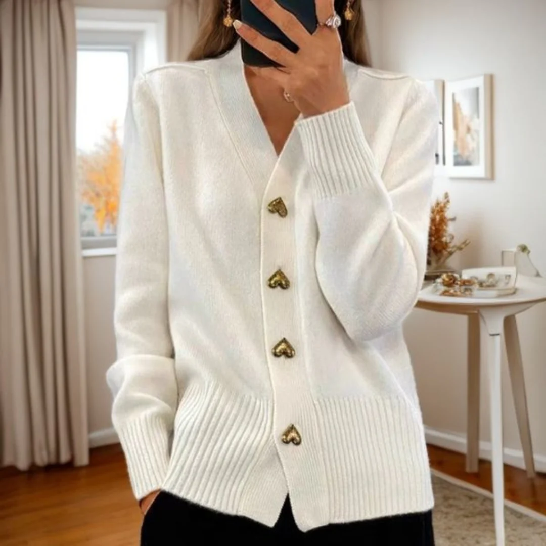 V-Neck Knit Cardigan with Gold Heart Buttons