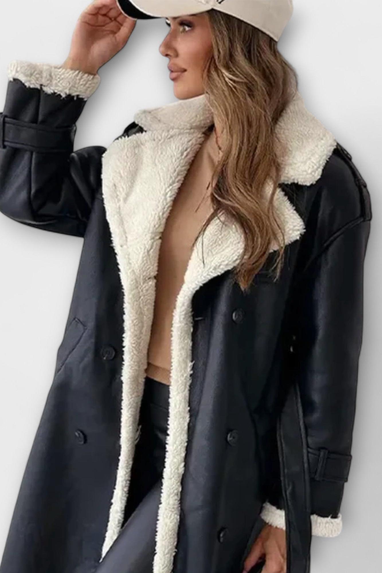Longline Faux Shearling Coat with Open Front and Belted Sleeves
