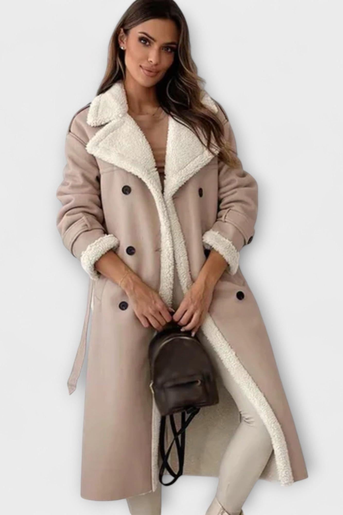 Longline Faux Shearling Coat with Open Front and Belted Sleeves