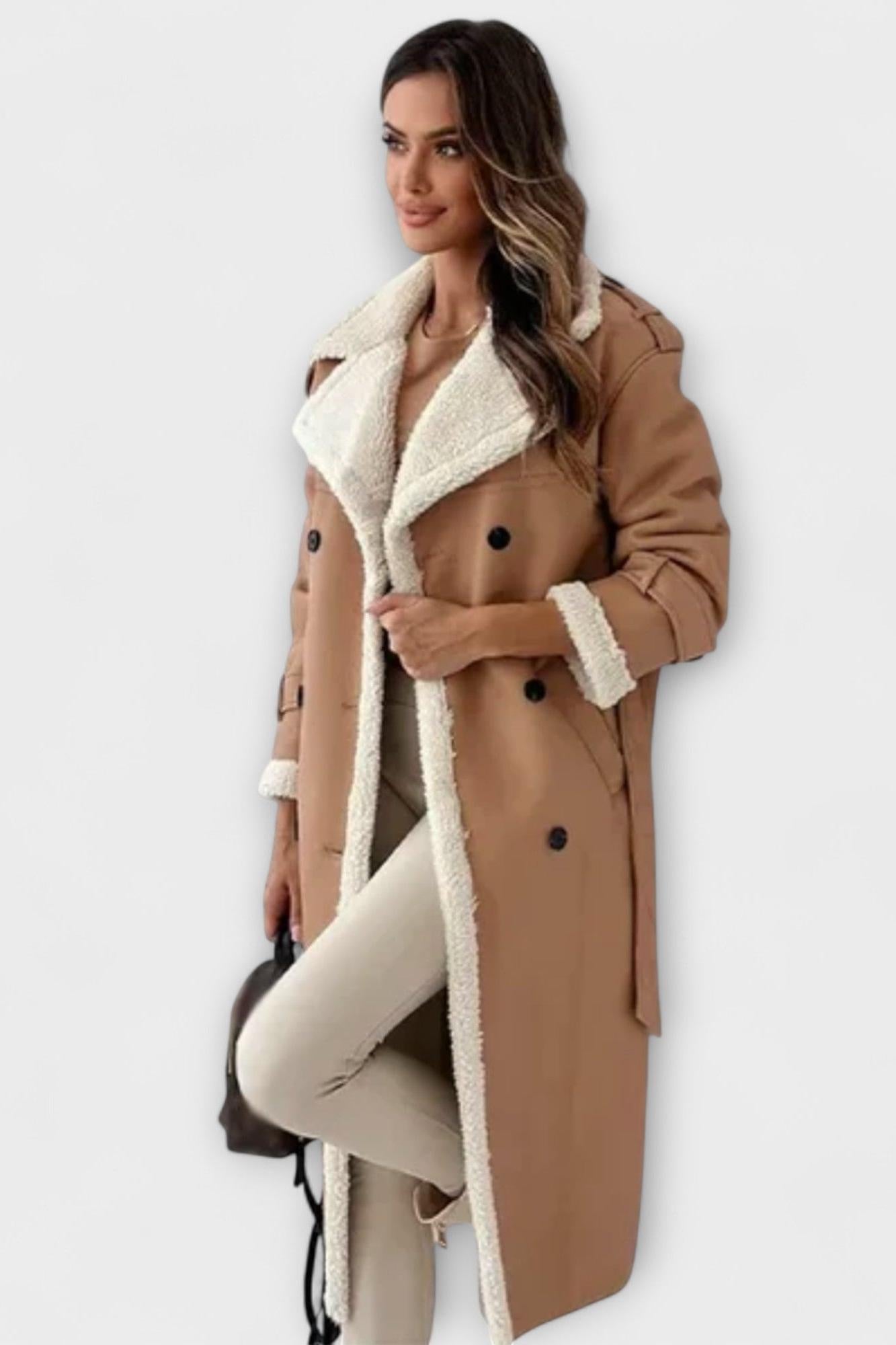 Longline Faux Shearling Coat with Open Front and Belted Sleeves