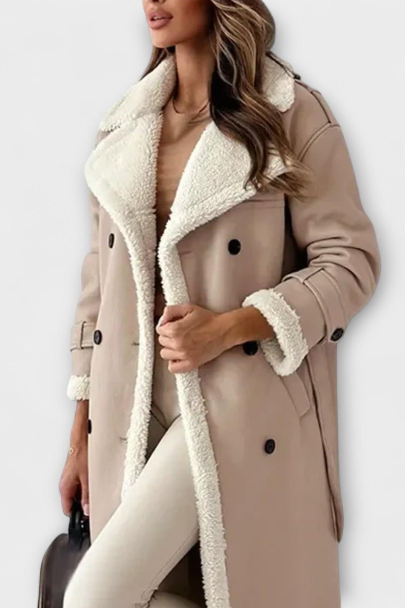 Longline Faux Shearling Coat with Open Front and Belted Sleeves