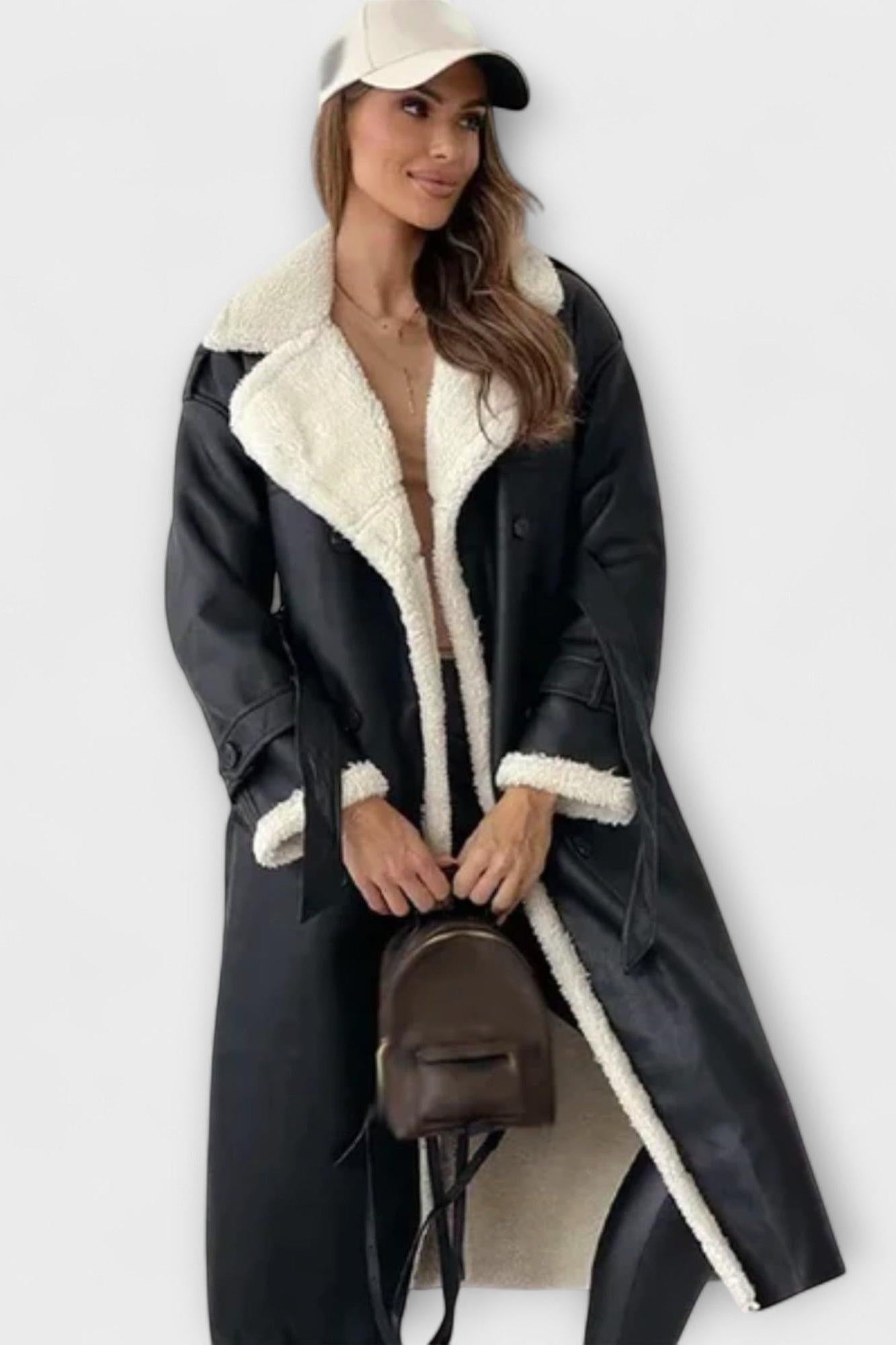 Longline Faux Shearling Coat with Open Front and Belted Sleeves