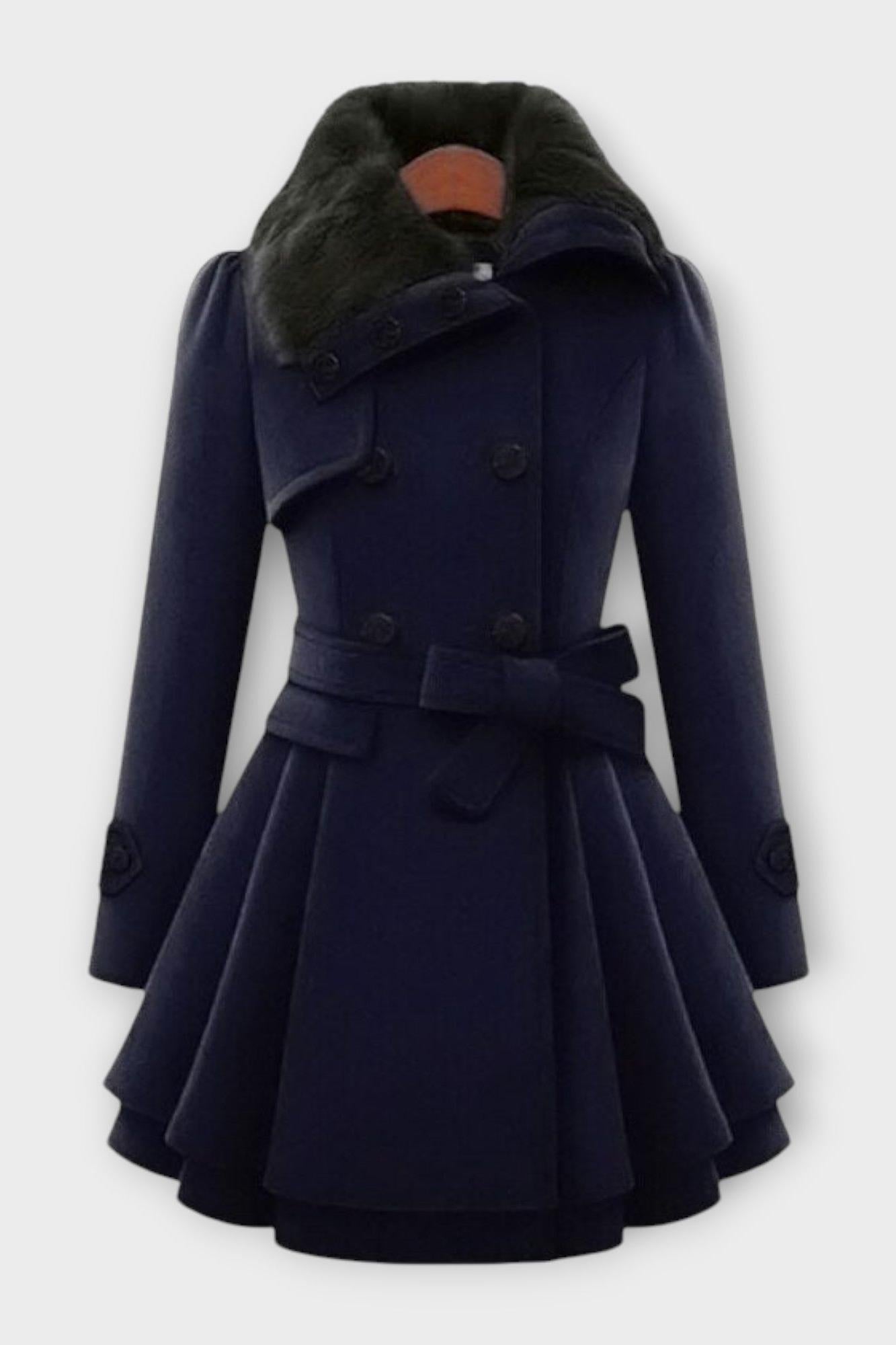 Belted Double Breasted Coat with Faux Fur Collar and Flared Skirt