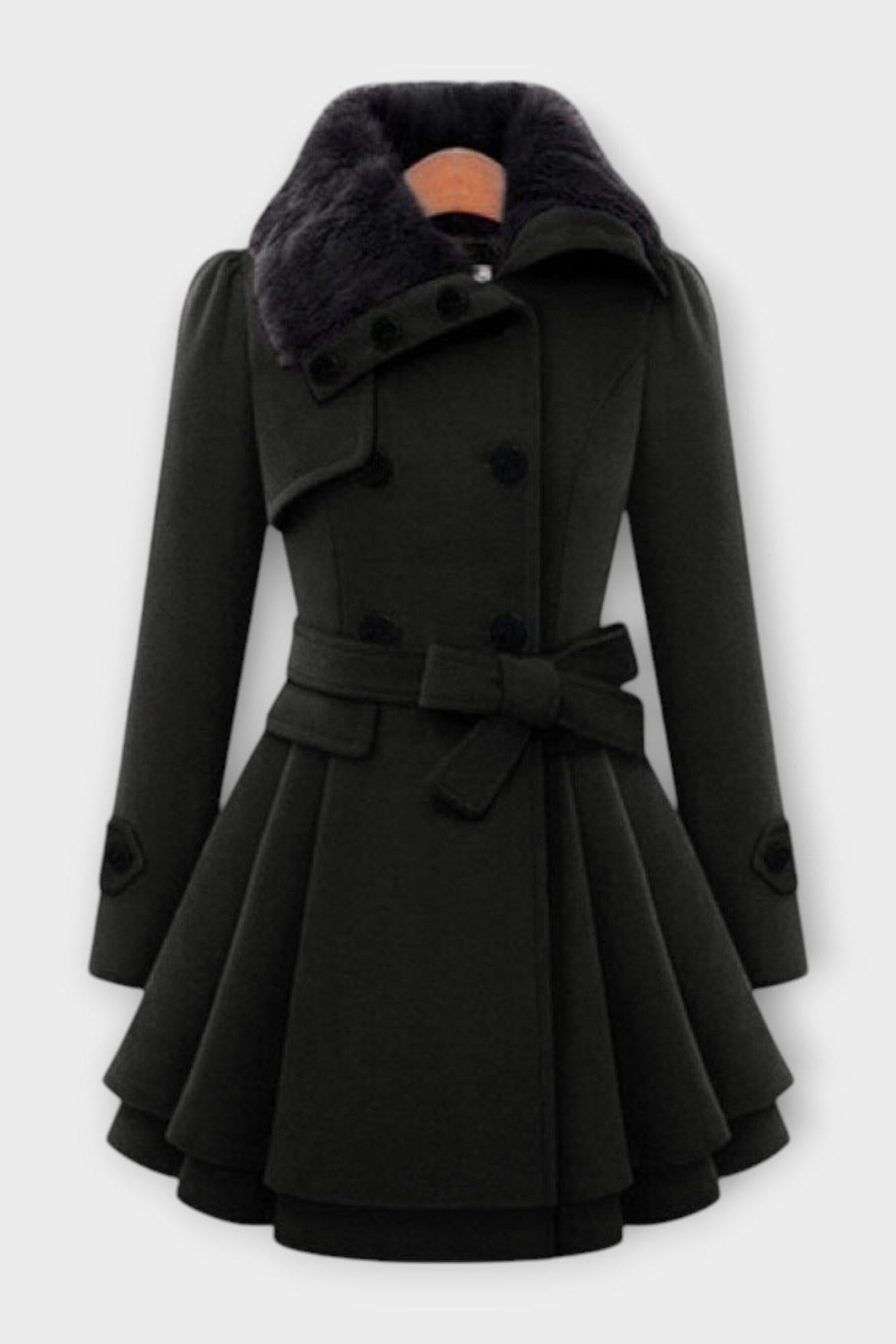 Belted Double Breasted Coat with Faux Fur Collar and Flared Skirt