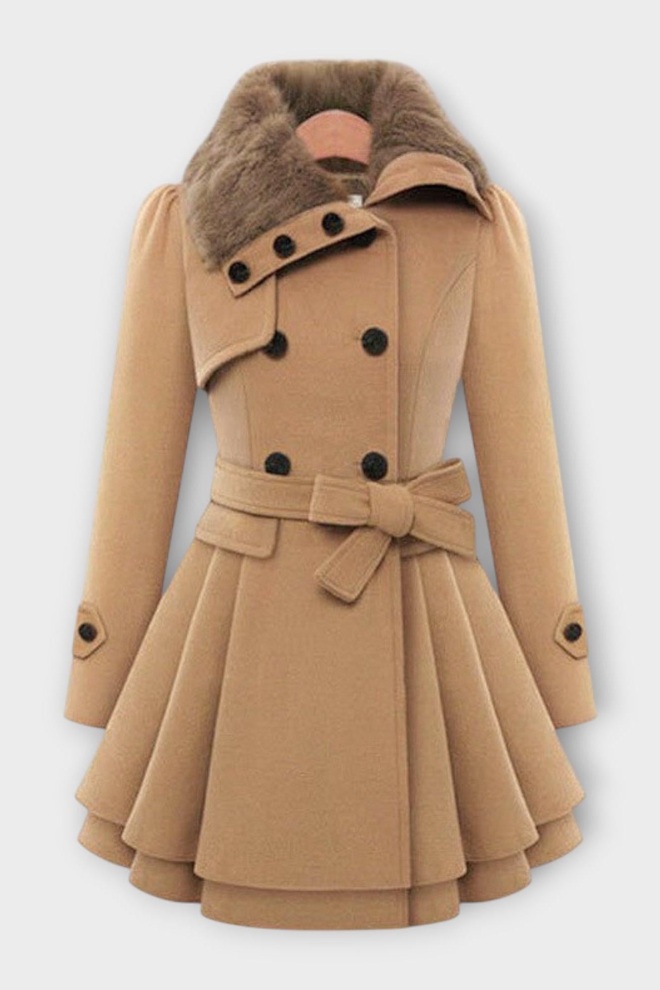 Belted Double Breasted Coat with Faux Fur Collar and Flared Skirt