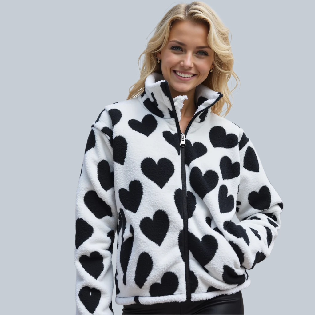 Heart Print Zip-Up Fleece Jacket