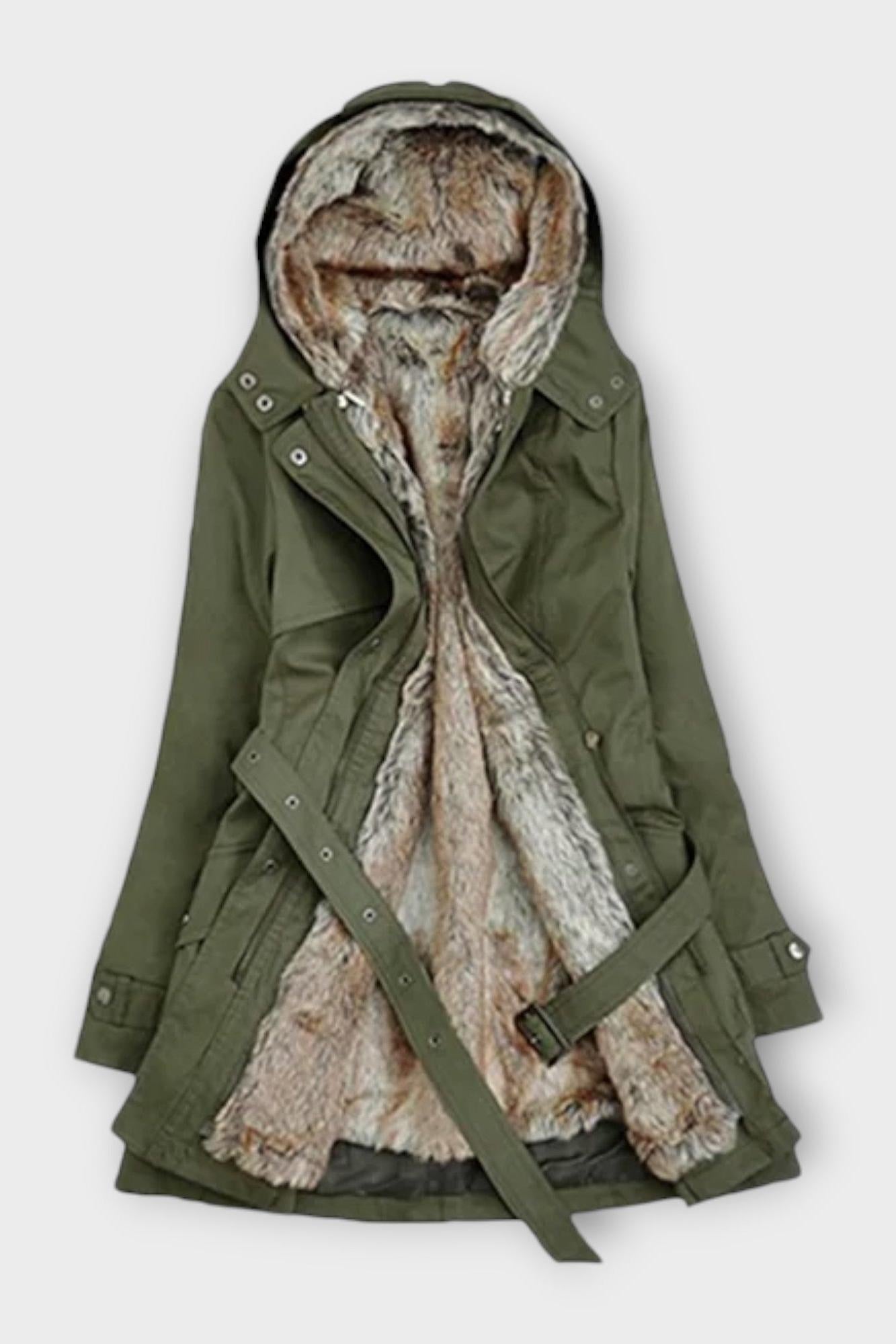 Longline Hooded Parka Coat with Faux Fur Lining and Belt Detail