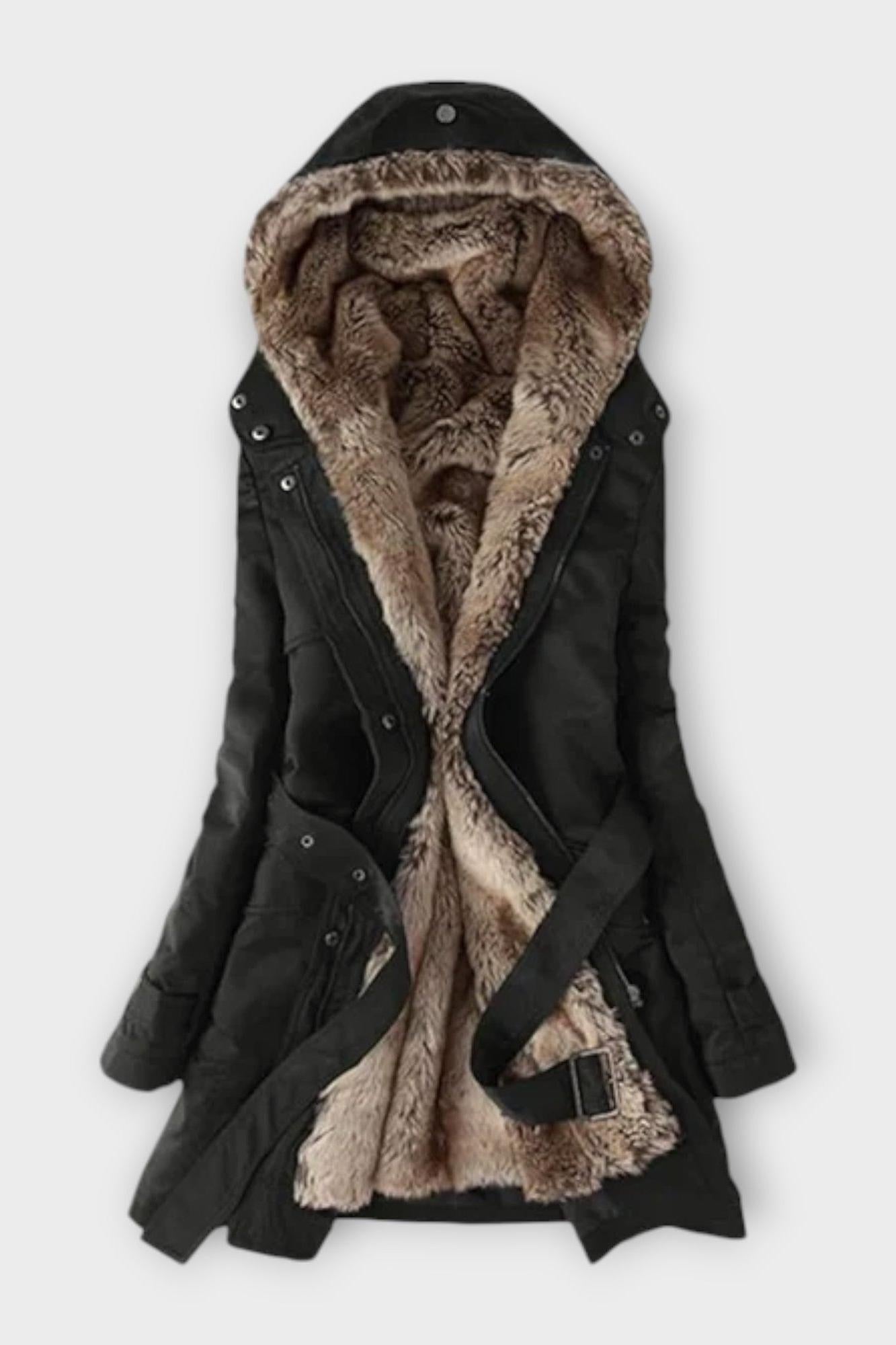 Longline Hooded Parka Coat with Faux Fur Lining and Belt Detail