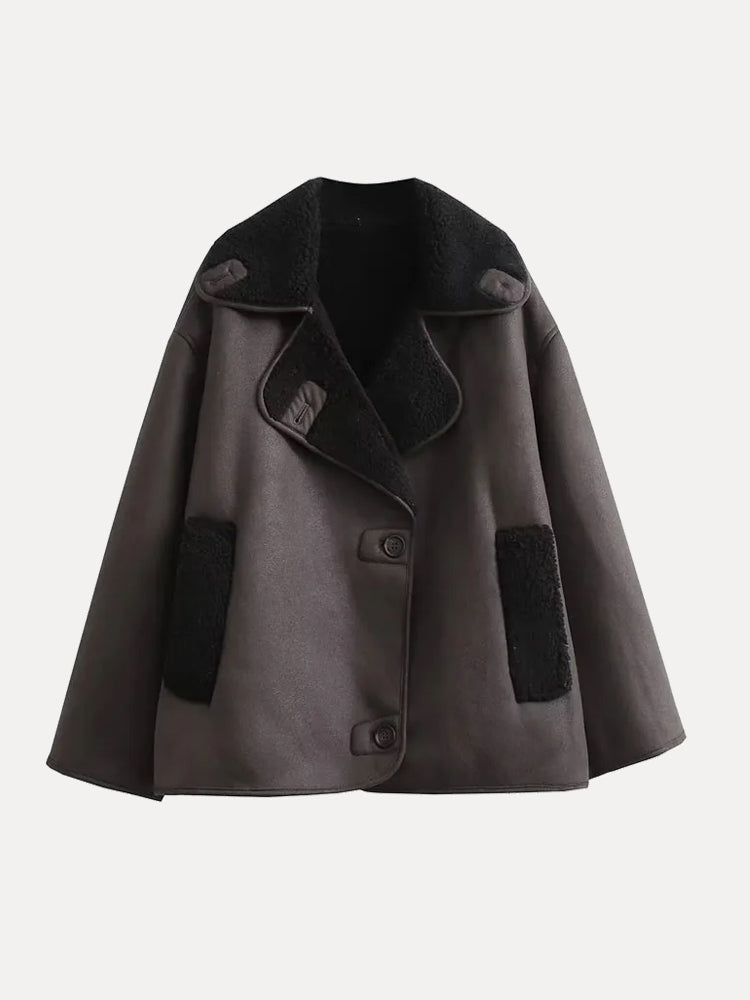 Women’s Faux Shearling Lined Leather Jacket with Wide Collar