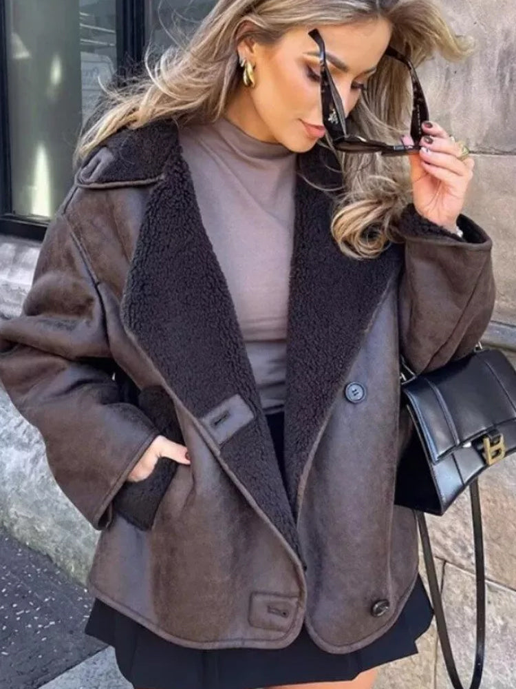 Women’s Faux Shearling Lined Leather Jacket with Wide Collar
