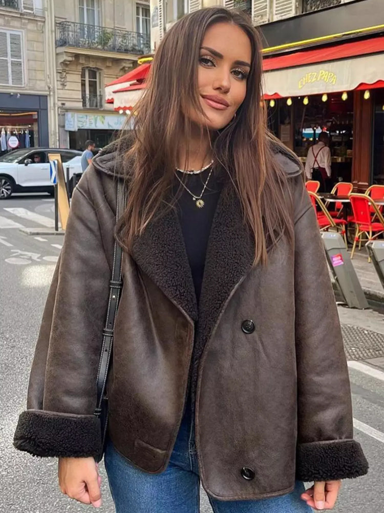 Women’s Faux Shearling Lined Leather Jacket with Wide Collar