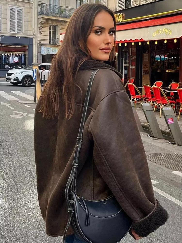 Women’s Faux Shearling Lined Leather Jacket with Wide Collar