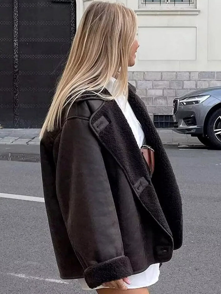 Women’s Faux Shearling Lined Leather Jacket with Wide Collar