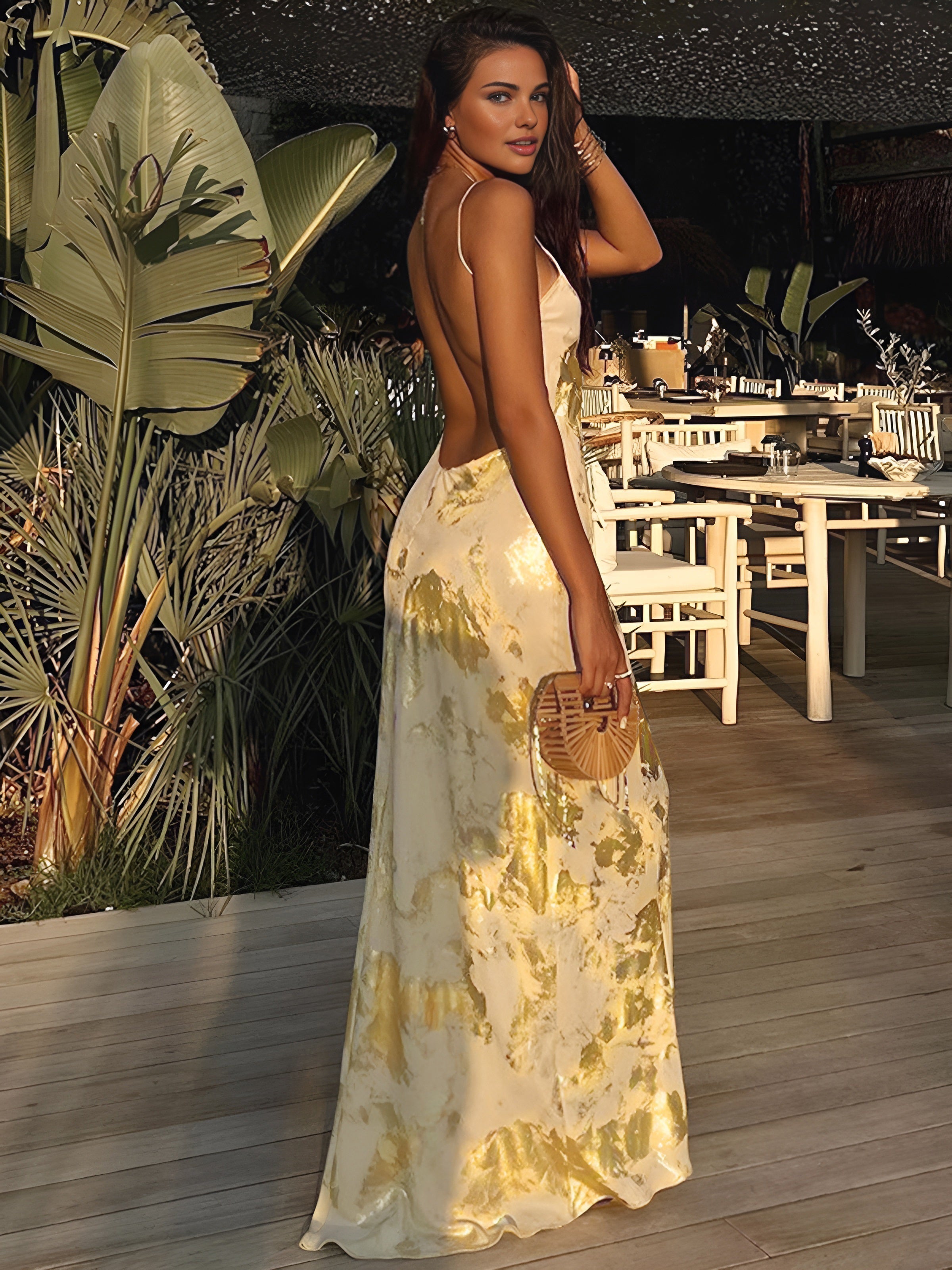 Satin Floral Cowl Neck Backless Maxi Dress