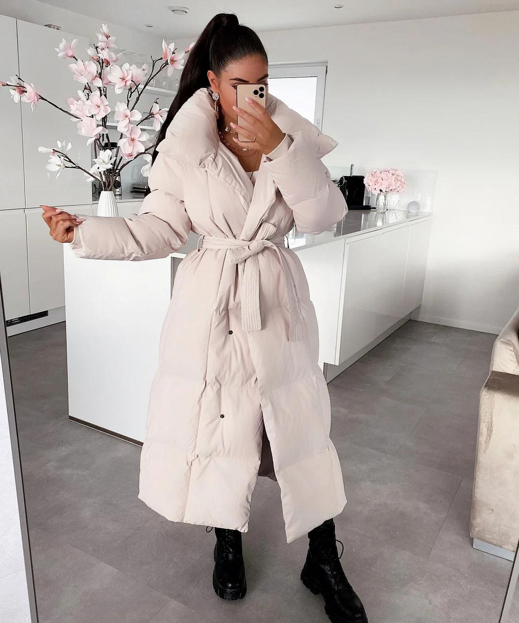 Women’s Long Belted Puffer Coat – Ultra-Warm Hooded Winter Jacket