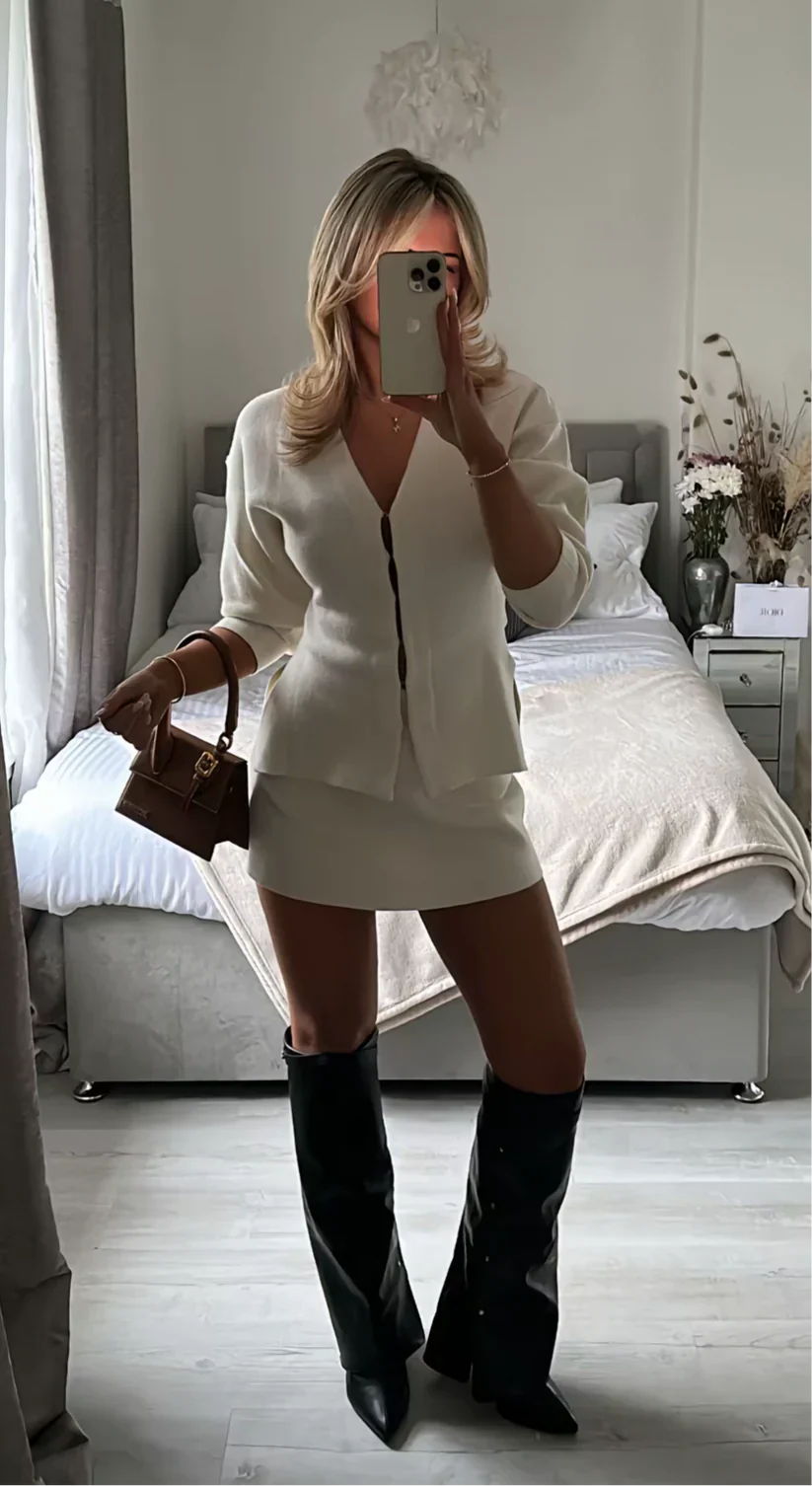 V-Neck Long Sleeve Knit Sweater Dress for Women
